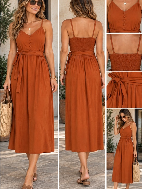 Market & Spruce Dresses & Skirts - Market & Spruce Rust Orange Midi Dress with Tie Waist and Pockets